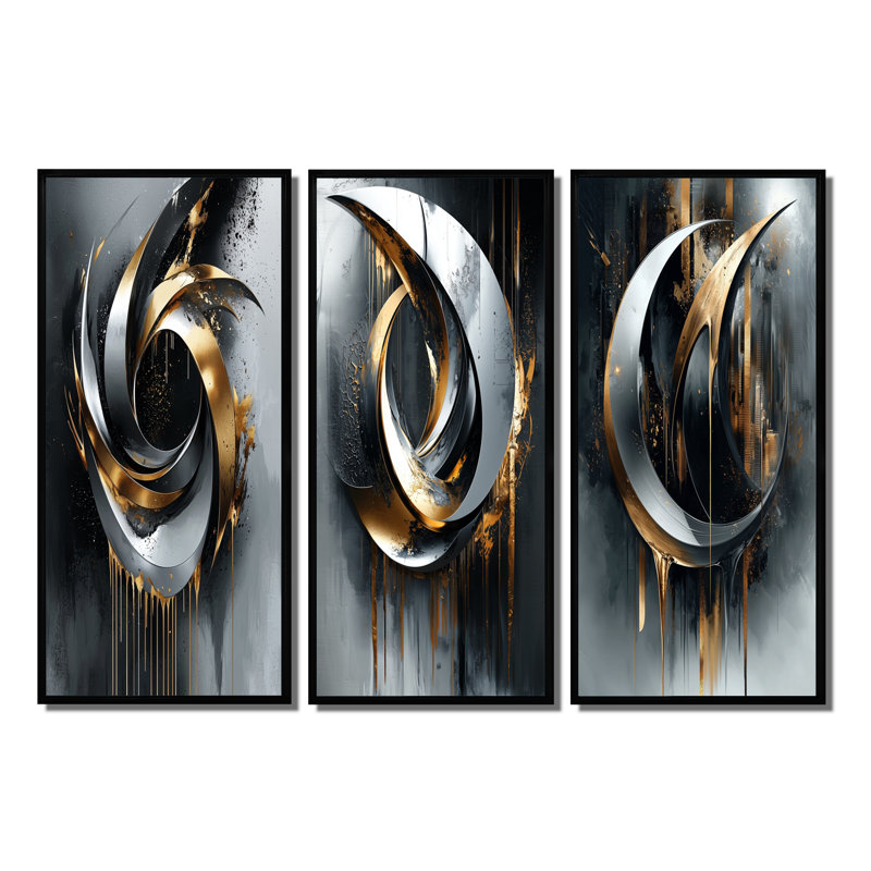 Formes et lignes abstraites noires et dorées I - Collection de 3 grands panneaux modernes sur toiles, H 32 po x l 48 po, Noir