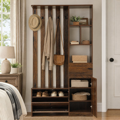 71" Hall Tree with Bench and Shoe Storage, Farmhouse Entryway Organizer with 5 Double Hooks, 4-Tier Shelves and Hidden Cabinets