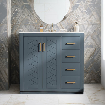 Meuble-lavabo autoportant avec lavabo en céramique, structure en bois massif, 3 tiroirs, portes à fermeture en douceur