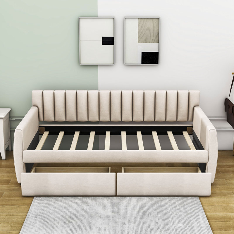 Markar Twin Size Two Drawers Upholstered Daybed, Beige