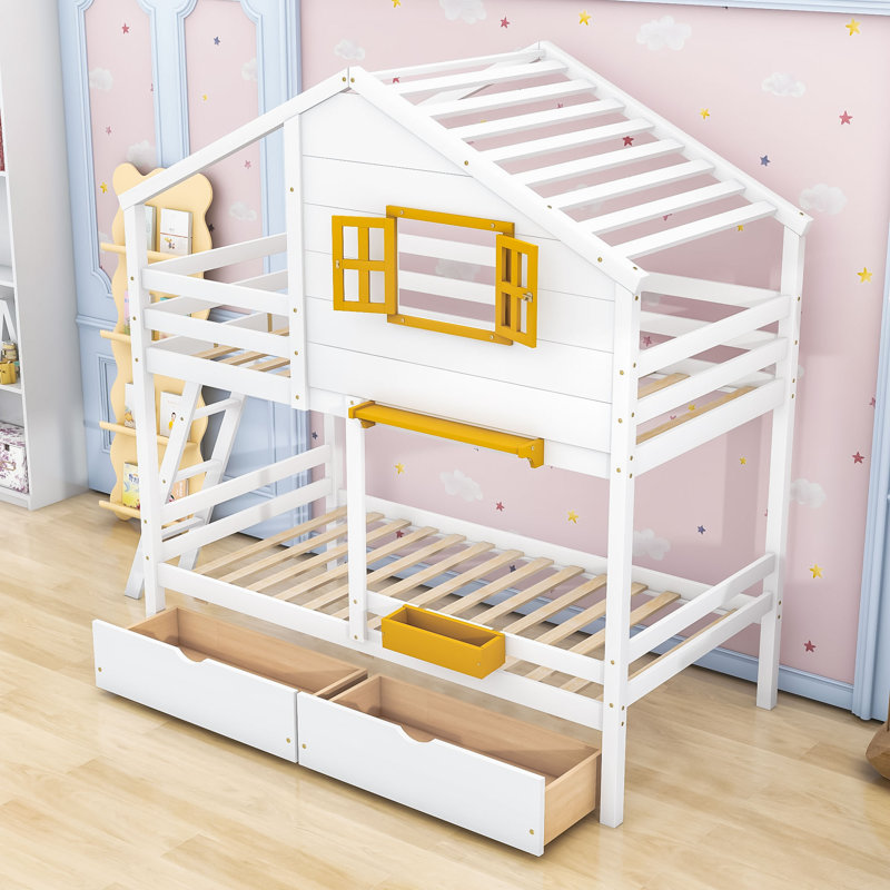 Lit superposé simple en bois en forme de maison avec tiroirs de rangement et fenêtre, Blanc