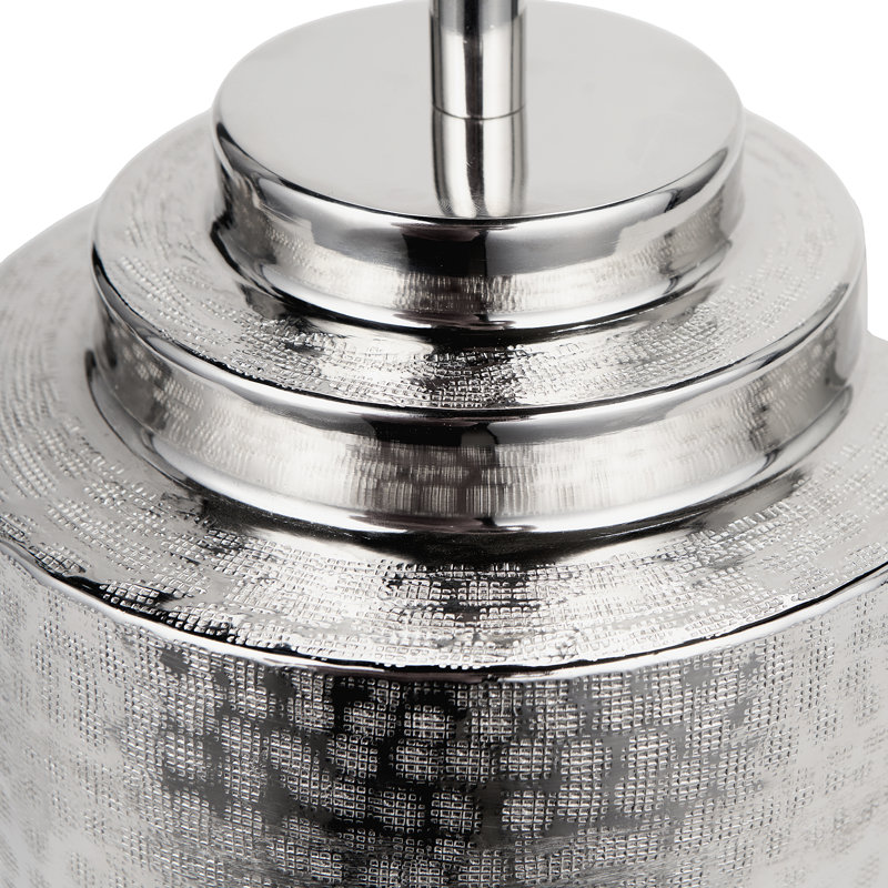 Zuri Metal Pot Table Lamp Base with Lino Self Lined Linen Cylinder Lampshade, 26.38" H x 15.75" W x 15.75" D, White, Silver