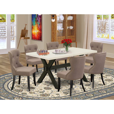 Ensemble de salle à manger 7 pièces composé d'une table de salle à manger rectangulaire avec pieds en X et 6 chaises Parson rembourrées en tissu de lin, noir brossé