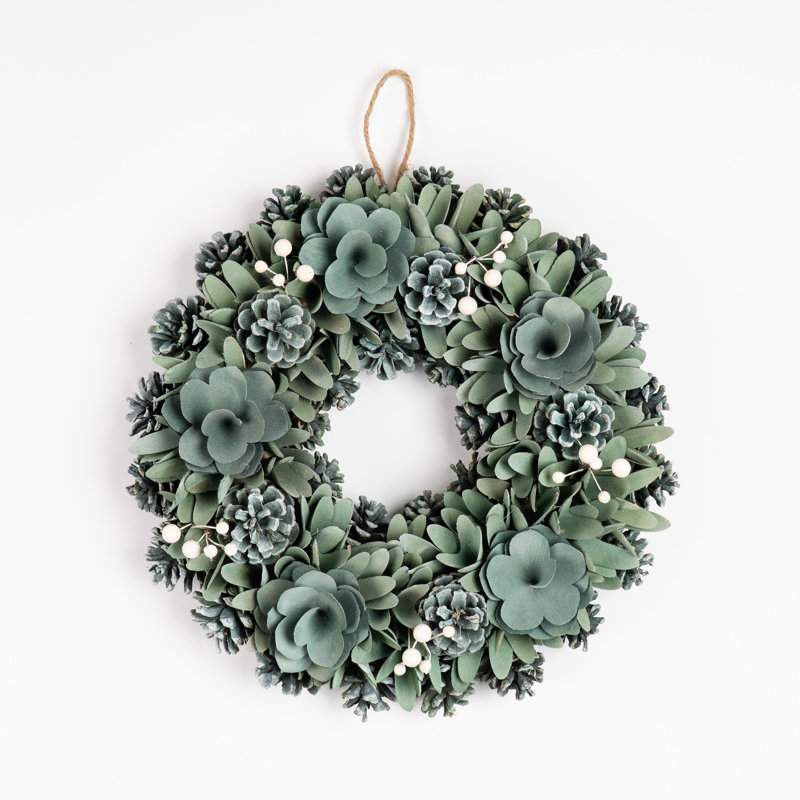 38cm Green Wood Shave Wreath with cones