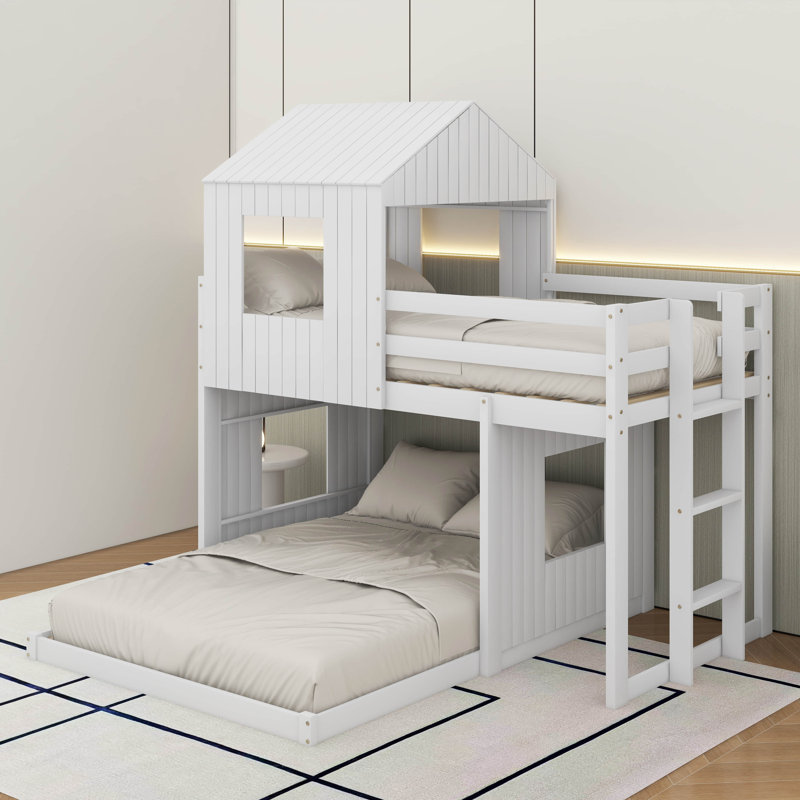 Lit superposé simple en bois sur lit double, lit mezzanine avec maisonnette, maison de campagne, échelle et garde-corps