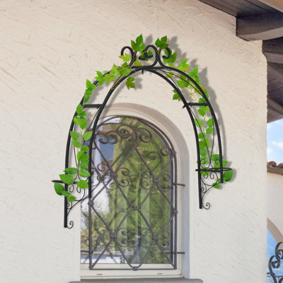 Winston Porter Metal Garden Trellis Arch Wall-Mounted Garden Arbour With 2 Planter Rings
