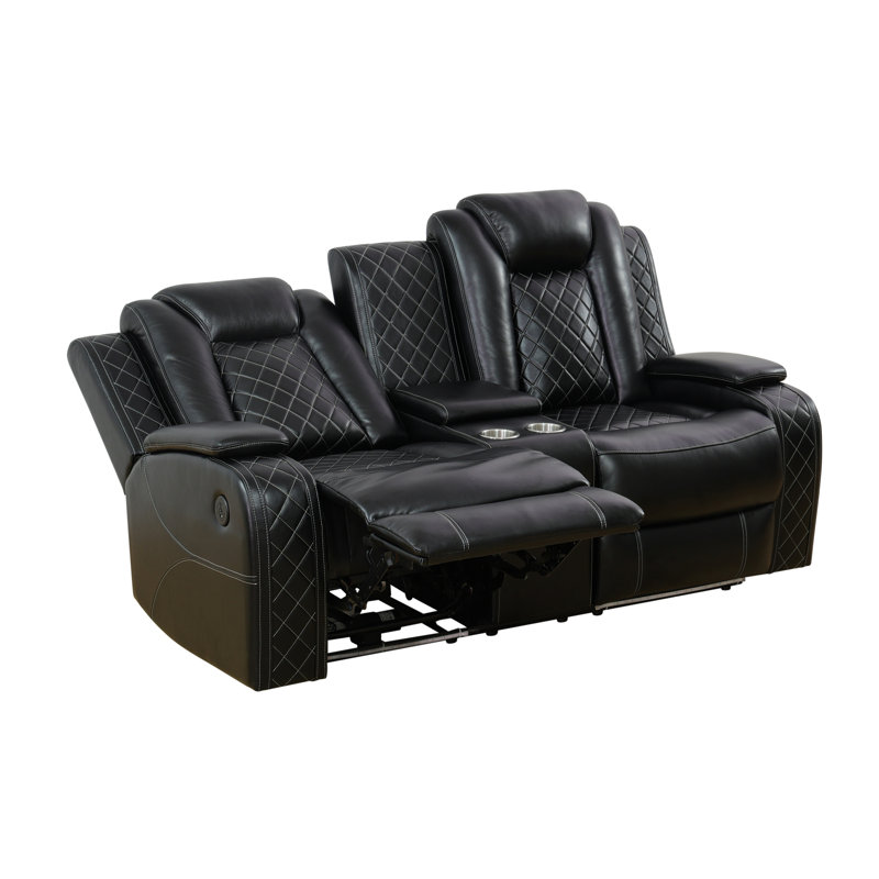  Taishia 73.5'' Faux Leather Loveseat with LED,Storage Armrest and Middle Console, Black