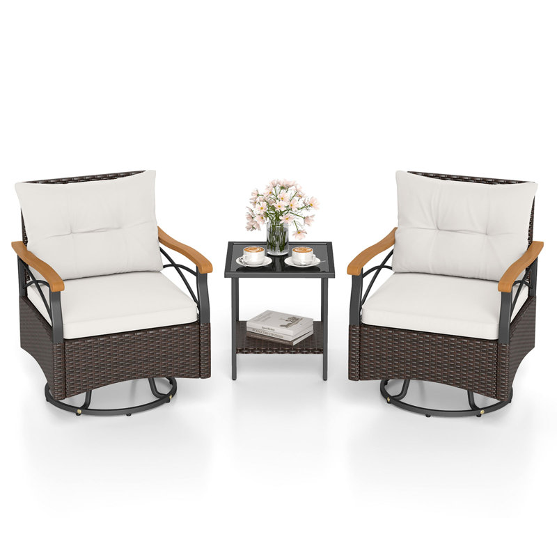 3 Piece Outdoor Swivel Chair Set Patio Wicker Rotating Chairs