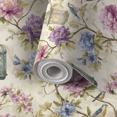 Papier de contact à peler et coller avec aquarelle rétro, motif floral sans soudure, adhésif et amovible 17,7 po x 118 po (45 x 300 cm)