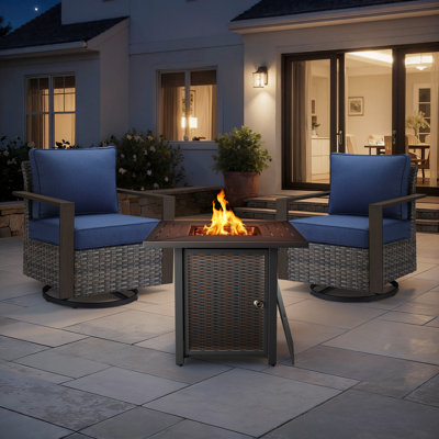 Ensemble de mobilier de patio pour 2 personnes avec foyer, table de conversation en osier toutes saisons avec chaise et coussins épais Drazen
