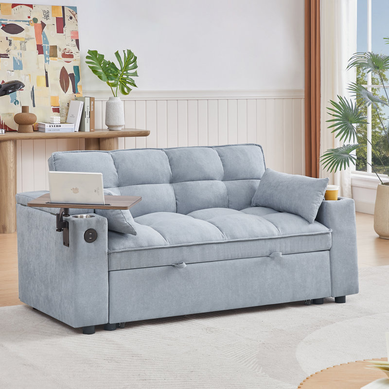 Jubilo Fabric 70'' Chenille Loveseat Sleeper Sofa Bed with Storage Armrest ,USB Port ,Side Table, Light Gray