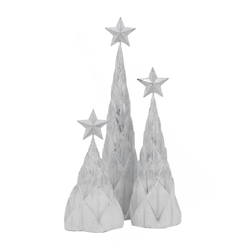 Ensemble de 3 arbres de Noël en résine blanc / argent avec plateau en forme d'étoile