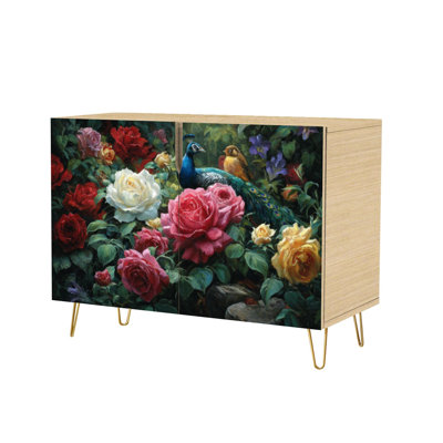 Sideboard Buffet Cabinet with Storage Peacock Songbird Floral Garden Wall Art Mural Design with 2 Doors for Living Room and Kitchen