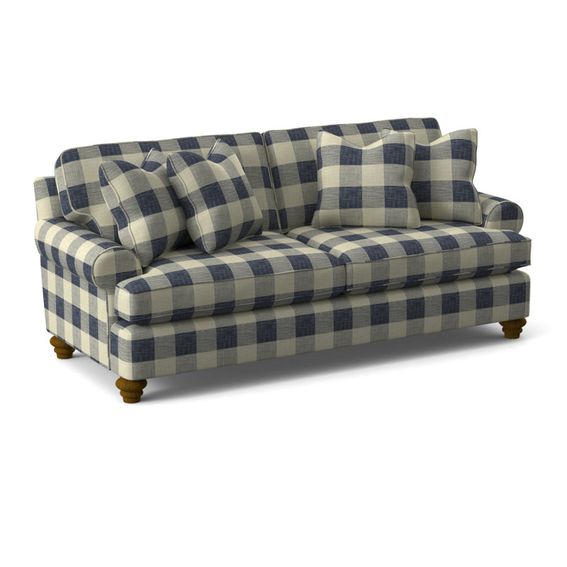 Lowell 86'' Upholstered Sofa, Havana Finish, Blue Buffalo Check; 0120-61