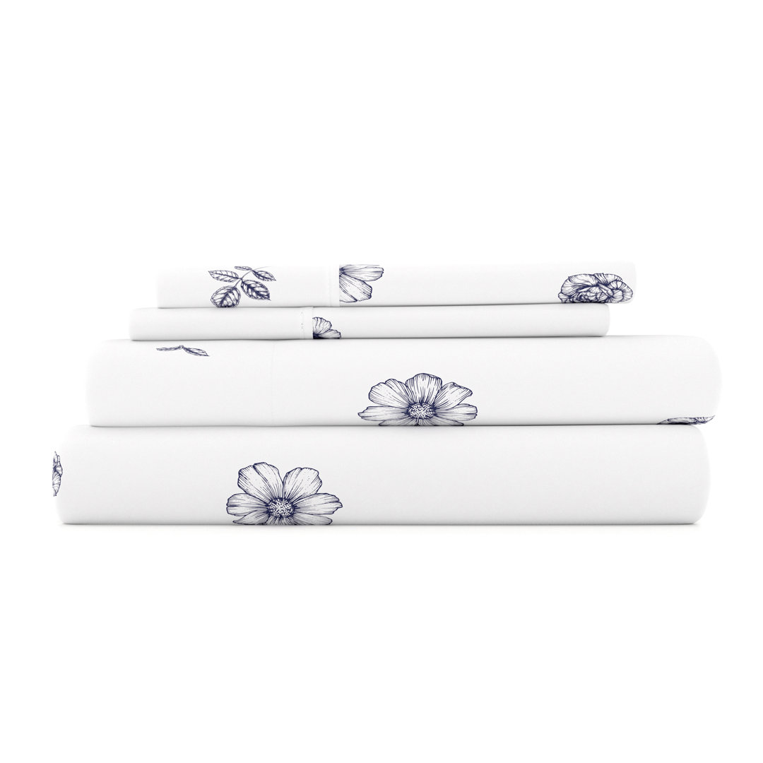 Home Indigo Flowers Pattern Microfiber Sheet Set Becky Cameron 