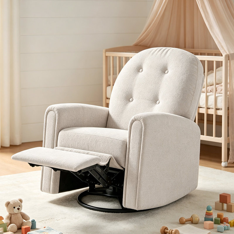 33.46’’ Nursery Rocking Chair, Upholstered Swivel Recliner, Camel