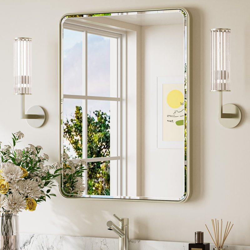 Beveled Bathroom Vanity Mirror with Aluminum Frame, Wall Accent Mirror, Tempered Glass, 32" x 24", Brushed Nickel