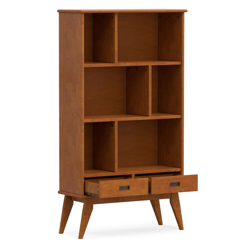 Draper 64"H Solid Wood Mid-Century Modern Wide Bookshelf with Adjustable Shelves and Tapered Legs, Teak Brown
