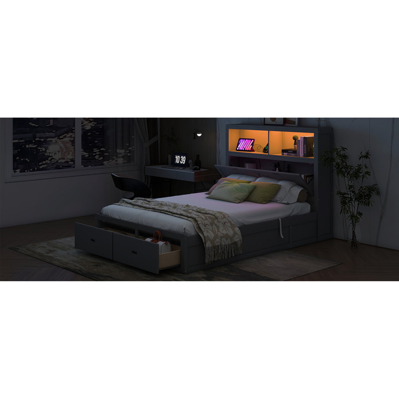 Wood Hydraulic Platform Bed With Storage Led Headboard, Queen, Gray