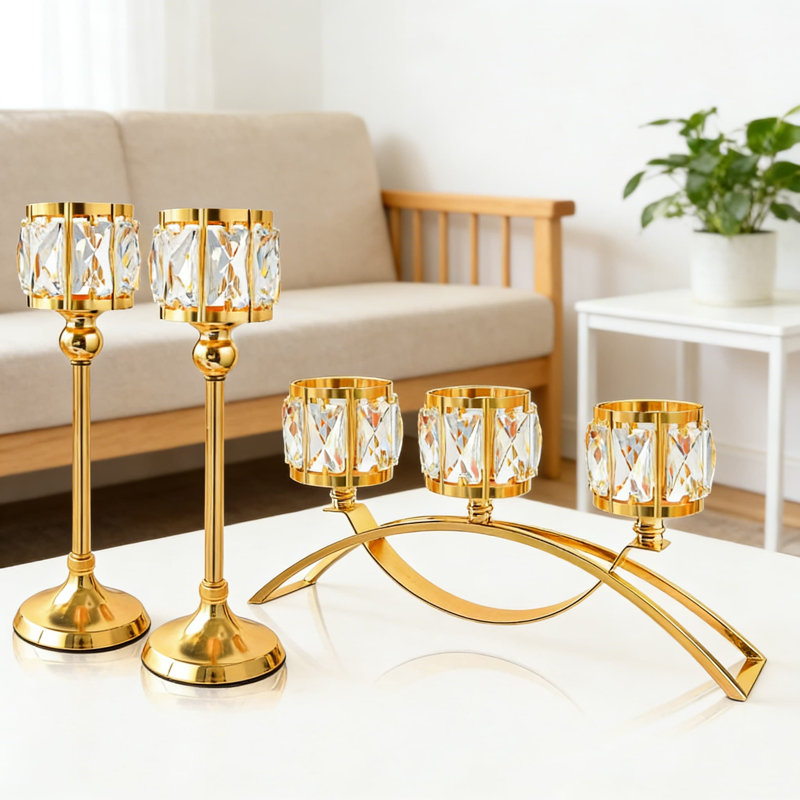 3-Arm Crystal Tealight Candelabra With Bowl Holders, Elegant Wedding And Table Centerpiece Decor, Gold Metal Base For Home And Event Decorations