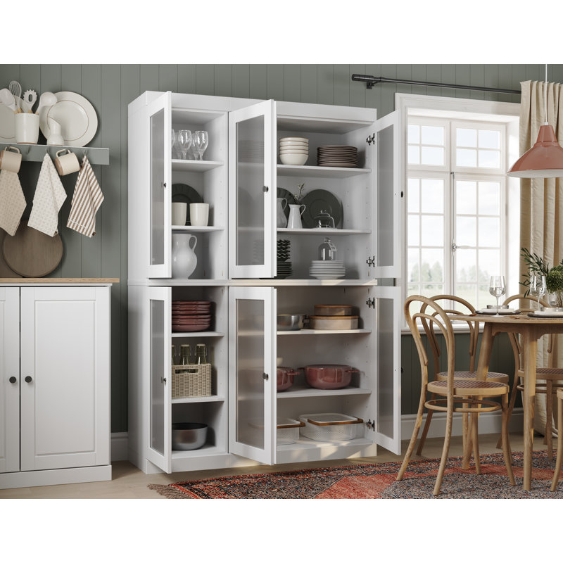 Vaisselier 100% bois massif 48,5 po avec portes en verre givré et tablettes réglables, Blanc