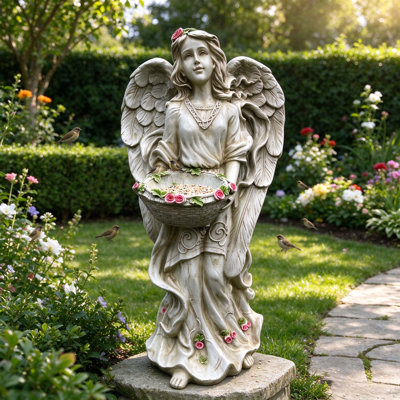 Figurine d'ange de 24,80 po de hauteur avec panier de fleurs, statue d'ange de jardin en résine de 12,20 po de largeur, mangeoire d'oiseaux décorative et bassin d'eau pour l'extérieur et la maison
