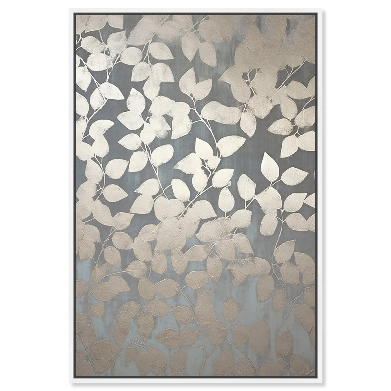 «Glam Gray Leaves», art mural floral élégant par Art Remedy, Cadre blanc, H 16 po x l 11 po
