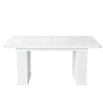 Table de salle à manger rectangulaire extensible en bois blanc veiné, pieds cannelés, rallonge amovible, coins arrondis, pouvant accueillir de 4 à 8 personnes, idéale pour la cuisine et la salle à manger.