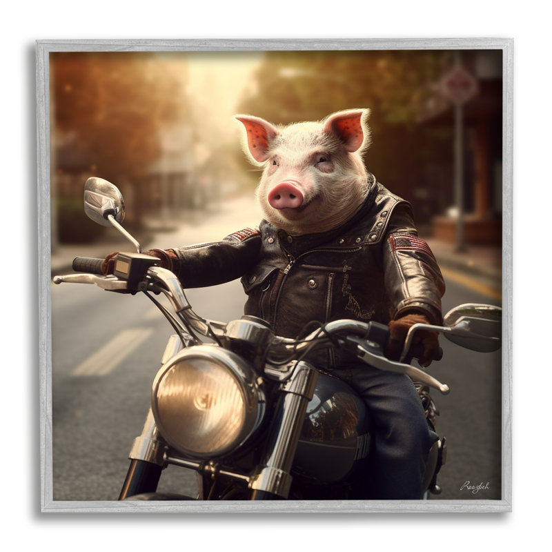 Cochon faisant de la moto par Roozbeh, H 12 po x l 12 po x P 1,5 po, Estampe numérique Farmhouse