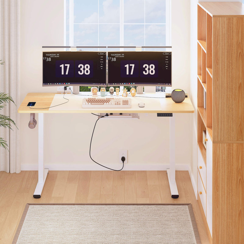 Adjustable Standing Desk, Whole-Piece Desktop, Maple/White, 60" W x 24" D