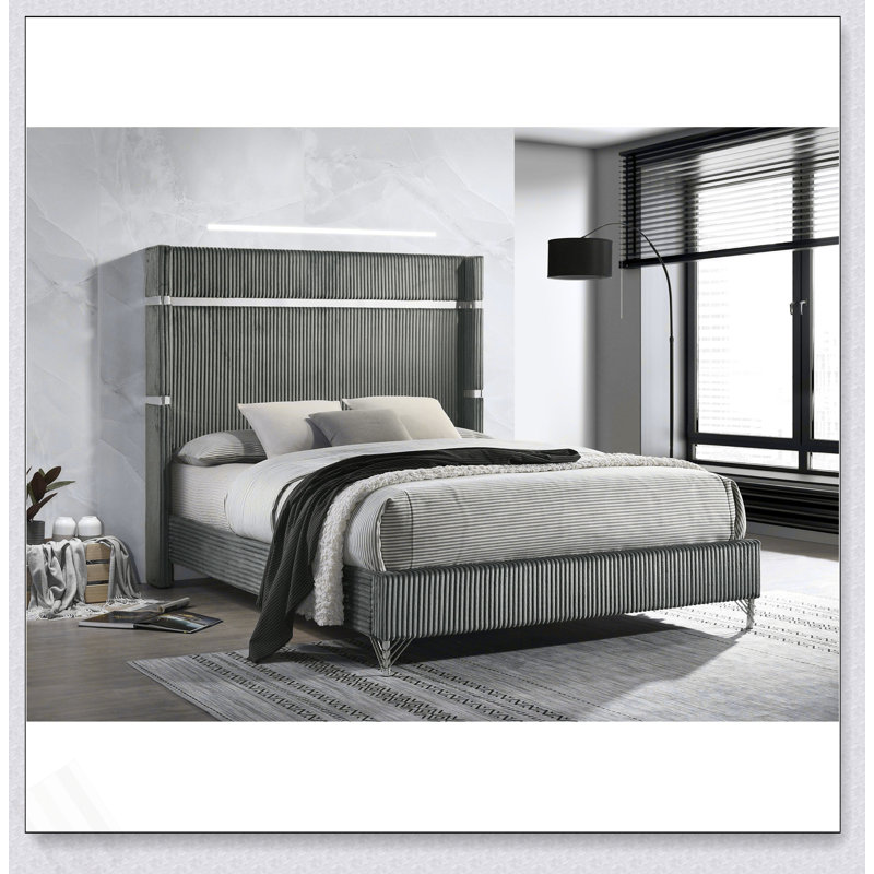 Malcolm Grey Upholstered Queen Wingback Bed