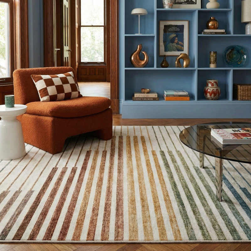 Rug Branch Elias 5' x 8' (5'3" x 7'7") White/Beige Abstract Striped Area Rug, Contemporary, Medium Pile, Stain-Resistant Carpet - Living Room, Bedroom, Dining Room, and Kitchen