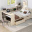 Lit plateforme en bois pleine grandeur avec tablettes de rangement, tiroirs, station de charge et tête de lit tapissier, crème-522716701-522716703