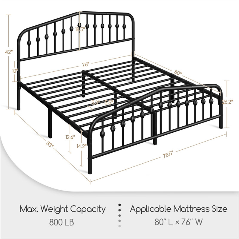 Valor Bed Frames Metal Platform Bed with Headboard, Black, King