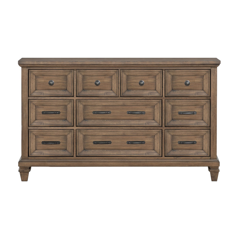 Commode Henry de 68 po de largeur, 10 tiroirs, poignées noires, brun moka rétro