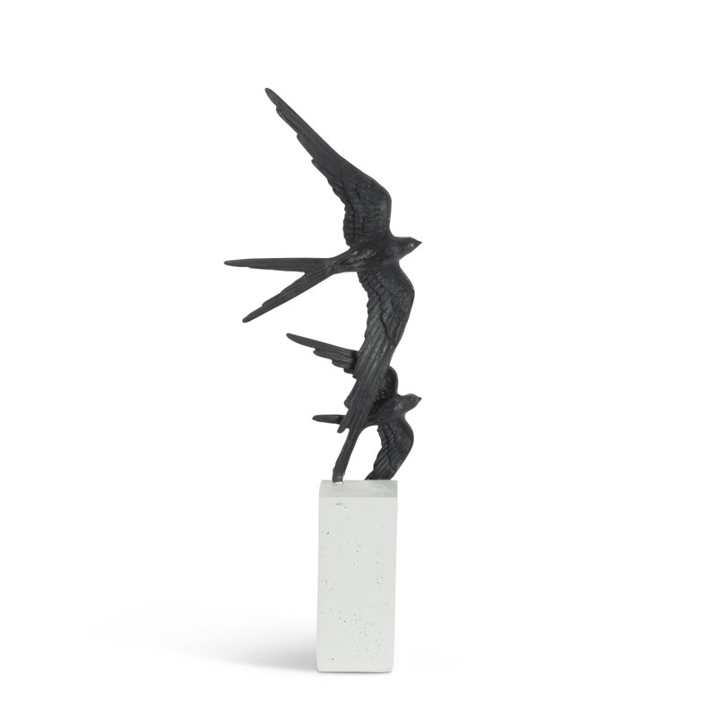 20 in H Black Swallows in Flight Decor on White Marble look Resin Base