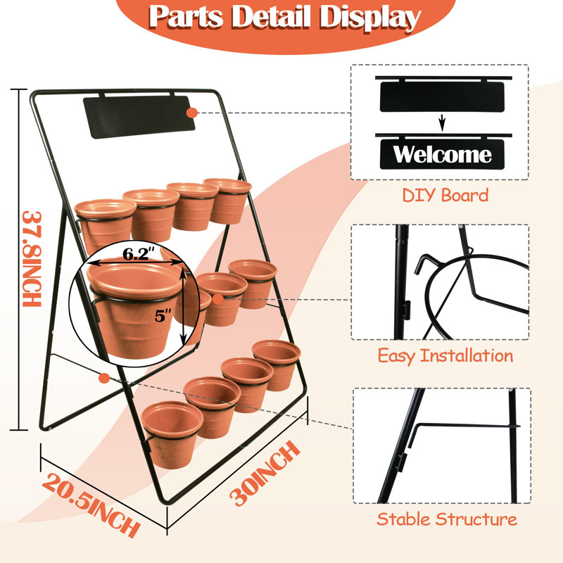 Black Metal 3-Tier Plant Stand with 12 Terracotta Pots
