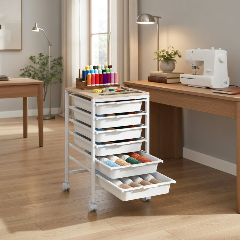  Chariot de rangement roulant à 6 tiroirs avec plateau en bois robuste, organisateur compact pour le bureau, la salle d'artisanat ou le salon, blanc et naturel