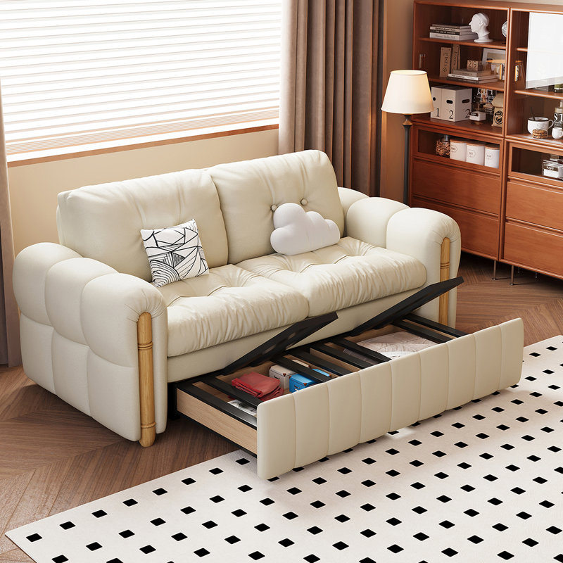 Canapé de salon extensible en cuir crème, 33.5" H x 70.9" W x 32.3" D