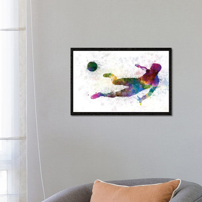 Man Soccer Football Player Flying Kicking II by Paul Rommer - Floater Frame Gallery-Wrapped Canvas Giclée on Canvas