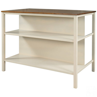 Kitchen Island, Rubber Wood Butcher Block Dining Table Prep Table With 2 Open Shelves