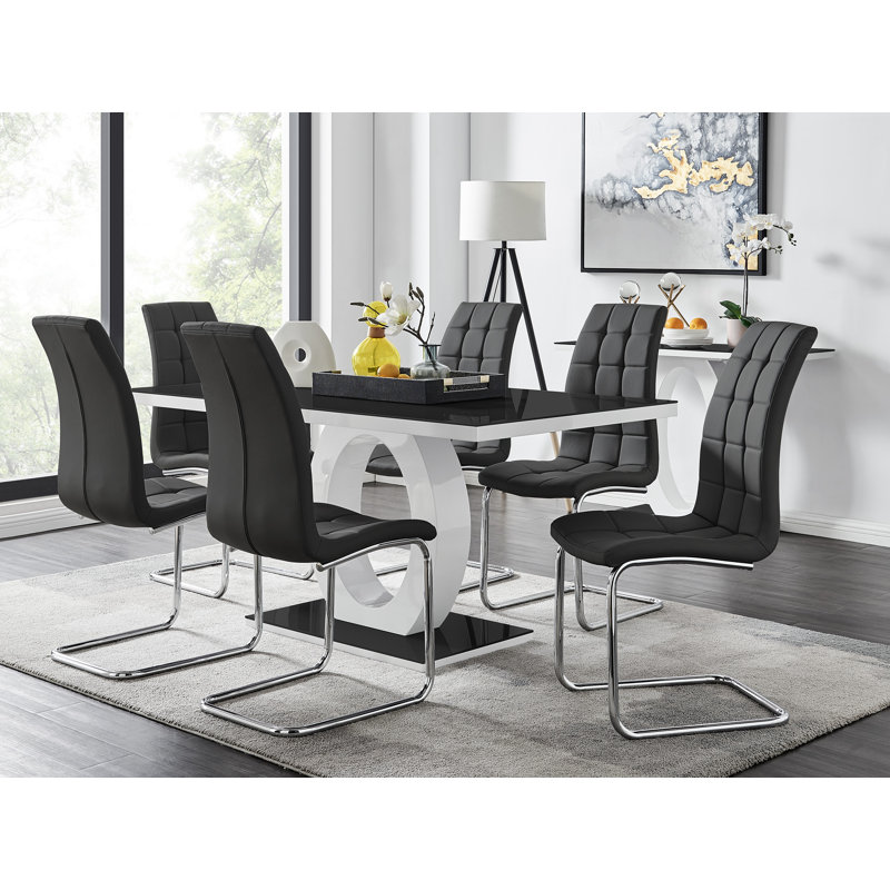 Scottsmoor Modern High Gloss Halo 6 Seater Dining Table Set with Luxury Faux Leather Dining Chairs, Black, Black