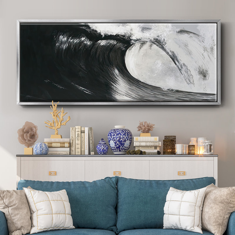 Black & White Waves III - Framed Canvas, 12" H x 30" W