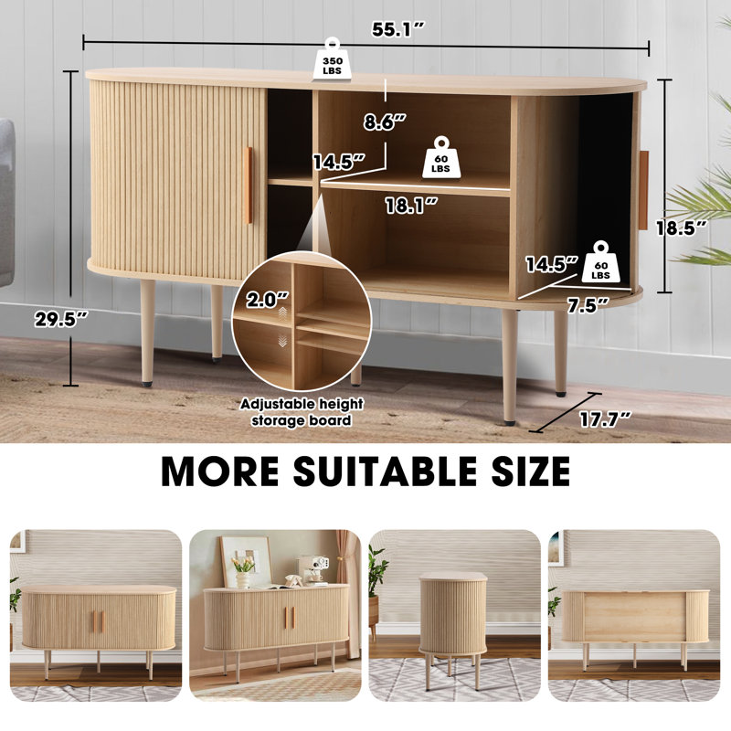 55" Sideboard Buffer Cabinet with Fluted Slide Doors,Tambour Storage Cabinet with Shelves, Natural