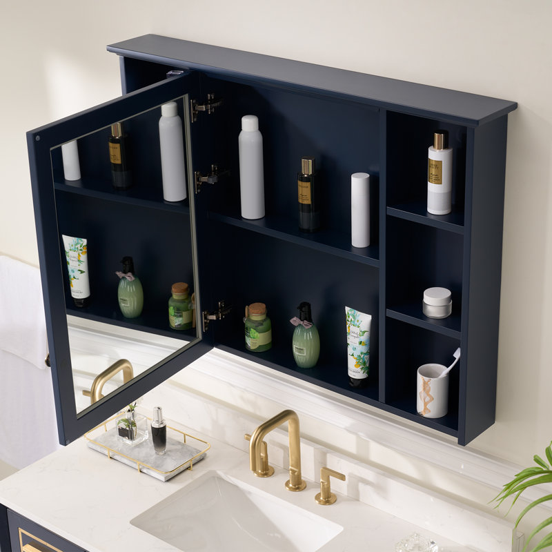 Armoire à pharmacie murale en bois massif l 42 po x H 30 po avec miroir et tablettes, Marine