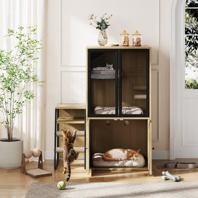 Meuble de litière moderne pour chat double - rangement caché, échelle, hamac, porte en filet métallique - cabinet de toilette intérieur spacieux pour salle de bain - couleur bois