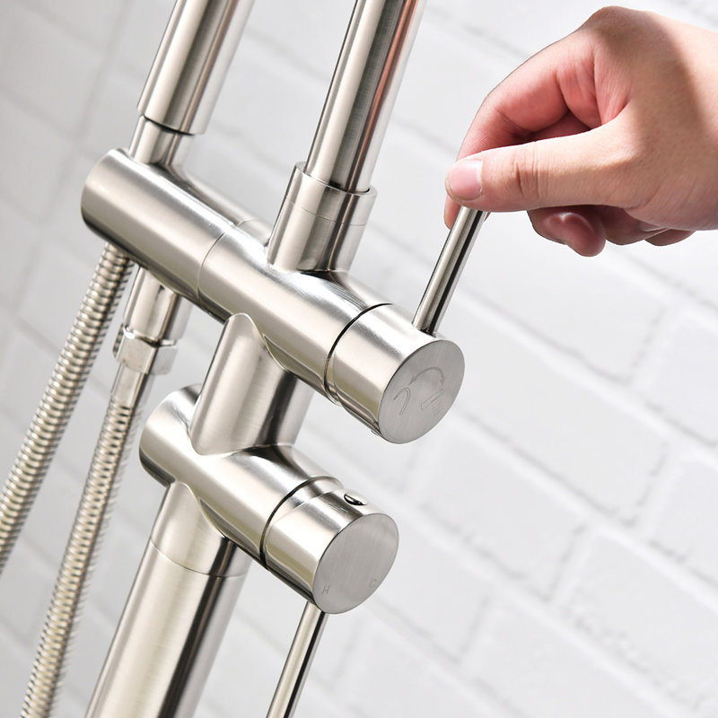Robinet de baignoire pour salle de bain avec douche à main, fixation au sol, forme incurvée, baignoire à finition antique en nickel brossé