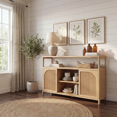 Natural Bamboo Storage Cabinet, [Width] Wide 2-Door Sideboard with Combination Open and Closed Shelving