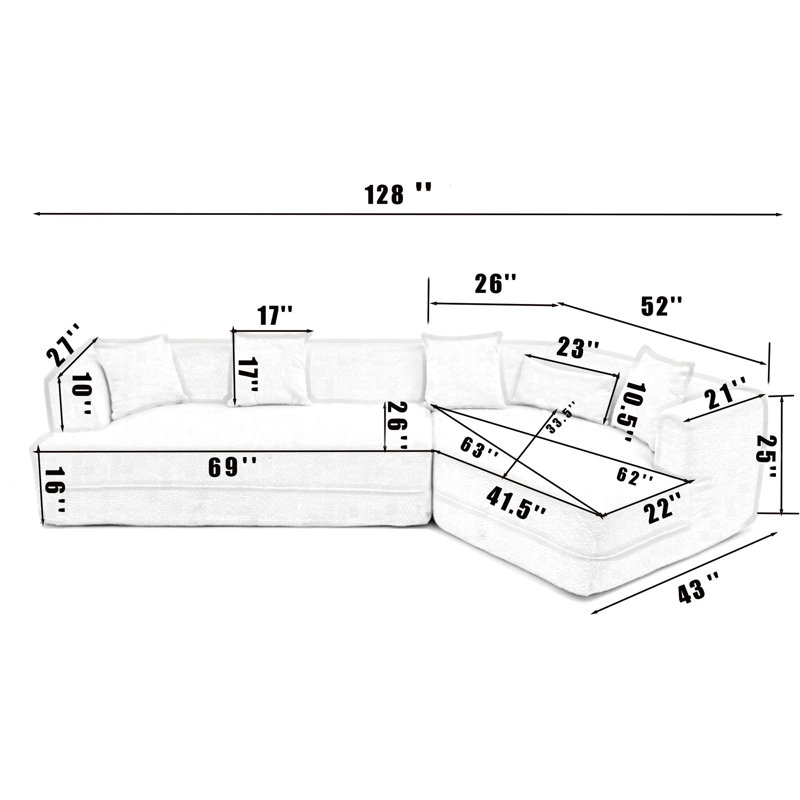Canapé modulaire de 128,02 po avec méridienne en forme de L, canapé modulaire moderne avec siège profond et fauteuils rembourrés pour la chambre à coucher du salon