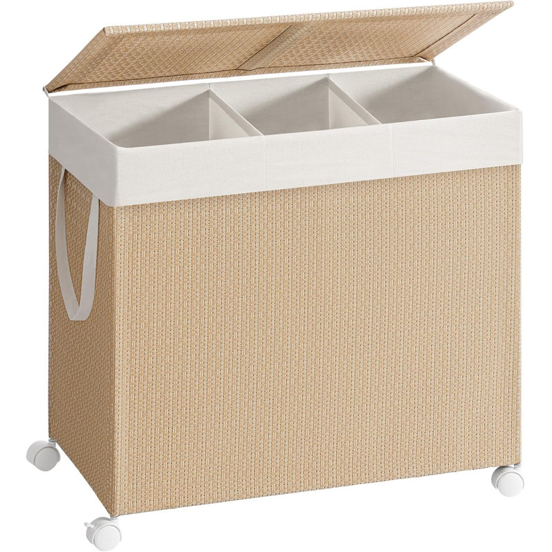 Panier à linge à 3 sections, panier à linge roulant avec roulettes, panier à linge en rotin avec couvercle, beige naturel et blanc mat